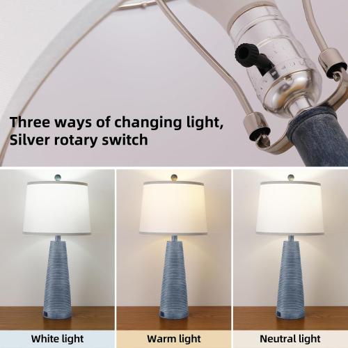 Terpsichore Nightstand Lamp Bedside Lamps Set of 2 Vintage Rustic Farmhouse Table Lamp 3 Way Dimmable Horizontal Stripe Light,Suitable for Living Room Bedroom,with Linen Shade LED Bulb,USB A C Port