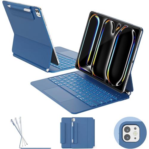 for ipad Pro 13 inch Case with keyboard (M5 2025 / M4 2024), Magic Keyboard with Pencil Buckle, 11 Colors Backlight, Stain-Resistant Surface, Multi-Touch Trackpad, Magnetic Stand, Steel Blue
