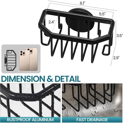 TAILI Sponge Holder with Strong Suction Cup, Dish Sponge Caddy Inside Sink Removable, Rustproof Aluminum for Sponges, Brushes, Stoppers and Scrapers - Black