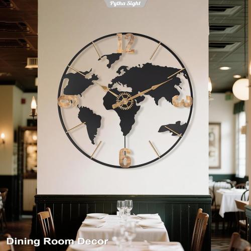 30 Inch Large Modern Decorative Metal World Map Wall Clocks Giant Extra Vintage Gold Arabic Numeral Oversized Wall Clock for Living Room,Office,Dining Room,Entryway,Fireplace