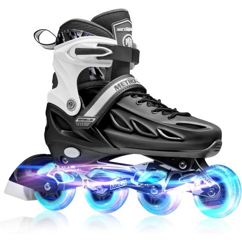 METROLLER Inline Skates for Girls and Boys, Women, Men 4 Sizes Adjustable Inline Skates with Light Up Wheels, Illuminating Beginner Skates for Kids 5-8 8-12 & Adult Youth.