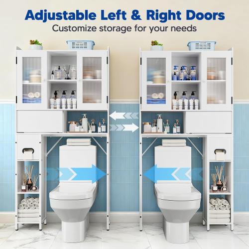 Over The Toilet Storage Cabinet - Over Toilet Bathroom Organizer with Sliding Barn Doors, Adjustable Shelves & Toilet Paper Holder, pace-Saving Over-Toilet Rack for Bathroom, Restroom, Laundry, White