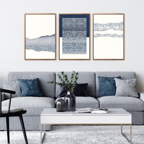 TOARTi Framed Canvas Blue White Abstract Illustration Wall Art (Set of 3, 16x24 inches) Boho Mid Century Modern Art Print, Neutral Minimalist Wall Decor for Living Room Bedroom Home Office