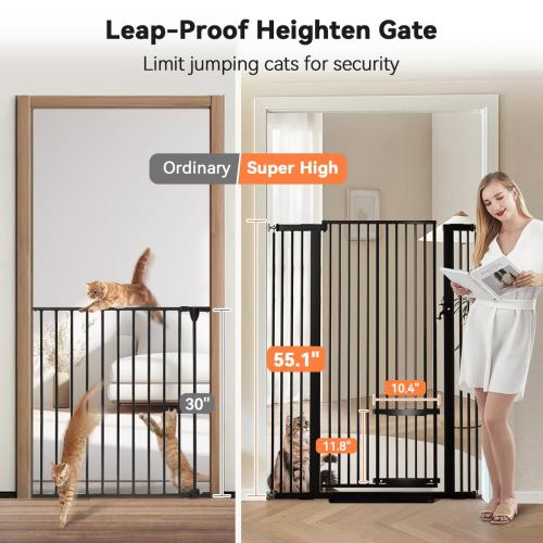 Extra Tall Pet Gate for Cats,  Extra Wide Cat Gate with Adjustable Cat Door, Pressure Mounted Easy Walk Through Pet Gate with Door for Stairs, Doorways, Kitchen(Black)