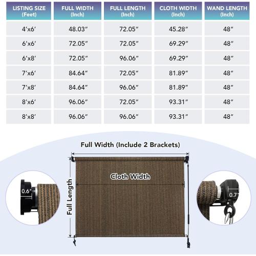 KANAGAWA 4'(W) x6'(H) Mocha Outdoor Roller Shade - Cordless Exterior Roll Up Sun Shade for Patio, Pergola, Front Porch, Gazebo - Outdoor Blinds Screens for Patio