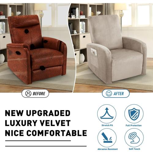 ZNSAYOTX 2026 Velvet Small Recliner Cover 3-Piece, Luxury Plush Recliner Chair Covers with Elastic Band & Ties Stay in Place, Stretch Reclining Slipcover for Lazy Boy Soft Washable (Khaki)