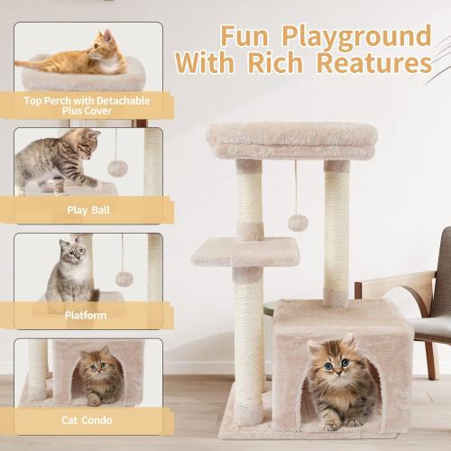 Beige FISH&NAP Cute Cat Tree Kitten Cat Tower for Indoor Cat Condo Sisal Scratching Posts with Jump Platform Cat Furniture Activity Center Play House Beige