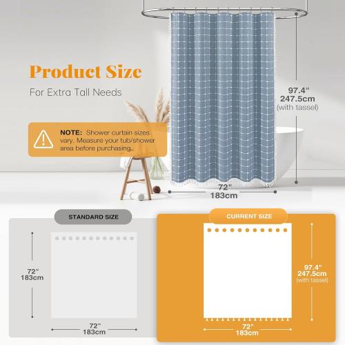 Size 72x96 Color Blue BTTN Extra Long Shower Curtain - 72x96 Inch Long Boho Chic Linen Fabric Heavy Duty Shower Curtain Set with Hooks, Tall Bohemian Farmhouse Shabby Chic Tassel Cloth Shower Curtains for Bathroom - Blue