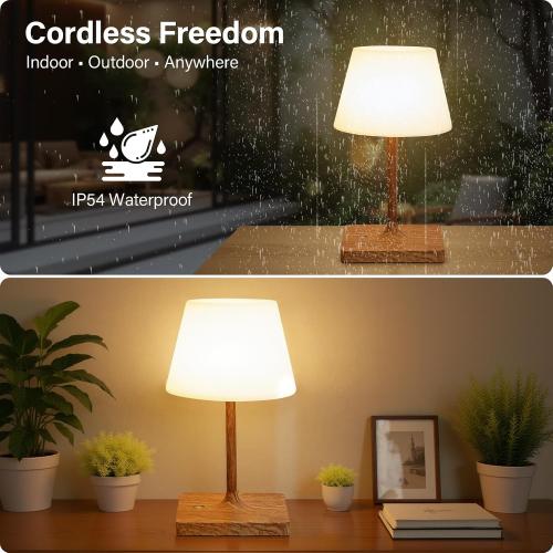 Cordless Table Lamp Waterproof,4000mAh Battery Rechargeable Desk Lamp for Indoor & Outdoor Use,3 Color-temps & Dimmable LED Night Light for Shower Bedroom Restaurant Bathroom Home 10.8H- Wood Grain