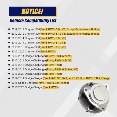 KUSATEC 513325 2pcs Front Wheel Bearing and Hub Assembly Compatible with 2012-2020 for Chrysler 300, Dodge Challenger, 5 Lug Bolts w/ABS