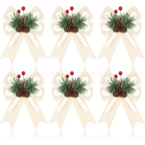 Syhood 6 Pcs Christmas Velvet Bow with Pine Cones Pine Needles Berries Xmas Champagne Ribbon Bow Ornaments 6.3 x 5.1 Inch for Christmas Tree Wreath Garden Fireplace Crafts DIY Decor