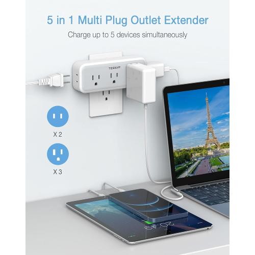 2 Pack Multi Plug Outlet Extender, TESSAN Surge Protector Wall Plug Splitter with 5 Electrical Outlet Expander, Multiple Plug Adapter for Travel Home Office