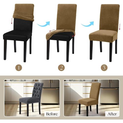 MOSAYT Velvet Stretch Chair Covers for Dining Room Set of 6 - Soft Slipcovers with Thick Removable Fabric for Parsons Chairs, Washable Seat Protectors for Kitchen, Banquet & Home Decor, Camel