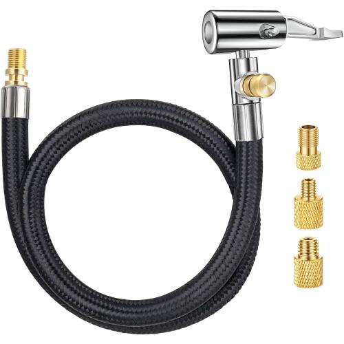 LUMITECO 20 Inch Tire Inflator Hose Adapter, Car Air Hose Self-Locking Air Chuck w/Tire Schrader Valve Fine Thread & Presta Valve Adapter, Quick Connect & Release for Pump Air Compressor Attachments