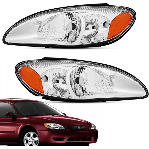 For 2000 2001 2002 2003 2004 2005 2006 2007 Ford Taurus Headlight Assembly Replacement for 00-07 Taurus Head Lights Driver and Passenger Side, Chrome Housing Amber Reflector