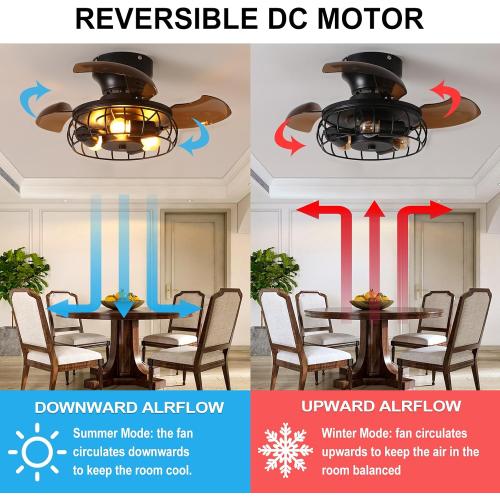 21.6'' Retractable Ceiling Fans with Lights Caged Farmhouse Ceiling Fan Lights with Remote Control and APP, Rustic Industrial Ceiling lamp Black Fixture for Living Room Bedroom Kitchen, A