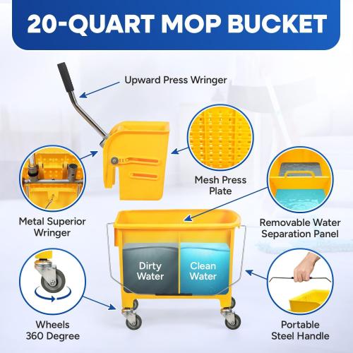 Mop Bucket with Wringer on Wheels Small 5 Gallon, Heavy Duty Dual Chamber Industrial Mop Bucket Separate Dirty Water, Perfect for Business Household, 20 Quart Yellow