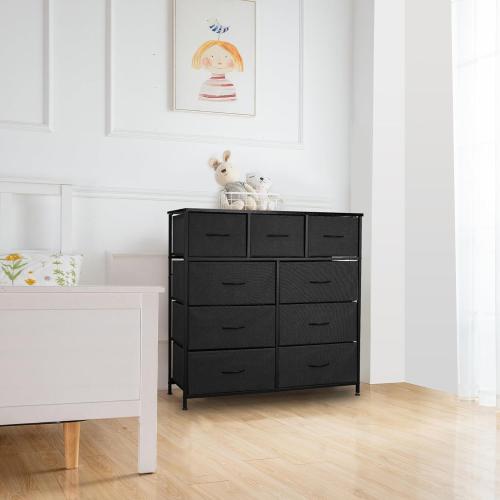 Color white Dresser for Bedroom with 9 Drawers, Chest of Drawers, Storage Drawers Organizer Unit, Black Wide Fabric Dresser with Fabric Bins for Closet, Living Room, Entryway