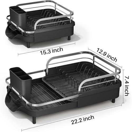 SAYZH Dish Drying Rack - Expandable Dish Rack for Kitchen Counter, Rust-Resistant Dish Drainer with Utensil Holder and Raised Guardrail, Kitchen Organizer for Cup and Bottle (Black)