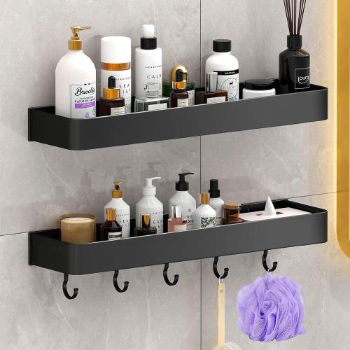 Shower Caddy, Max Size 15.7 Inches,Won't Fall Off Shower Organizer, Rustproof Shelves with Ultra Large Capacity, No Drill Shelf with 5 Movable Hooks (Black, 2 Layer)