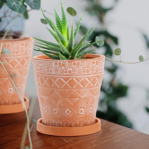 Cedilis 2 Pack Terracotta Pots, 5 Inch Red Clay Planter Pots with Drainage and Saucers, Ceramic Pottery Succulent Planter, Garden Cactus Flower Planters with White Geometric Designs
