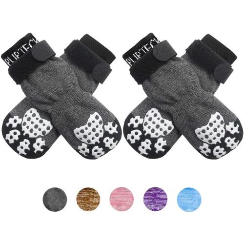 PUPTECK Anti-Slip Dog Socks with Double Sides Grips for Small Medium Large Dogs Hardwood Floors Prevents Licking, Dog Shoes for Hot Pavement Traction Control Paw Protector for Senior Dogs, Grey L