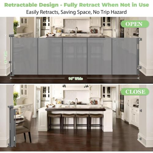 96 Inch Wide Reinforced Retractable Dog Gate with Support Rods - Prevent Crawling Under, Extra Long Retractable Baby Gate Large Dog Gate Indoor/Outdoor Retractable Pet Gate, Gray