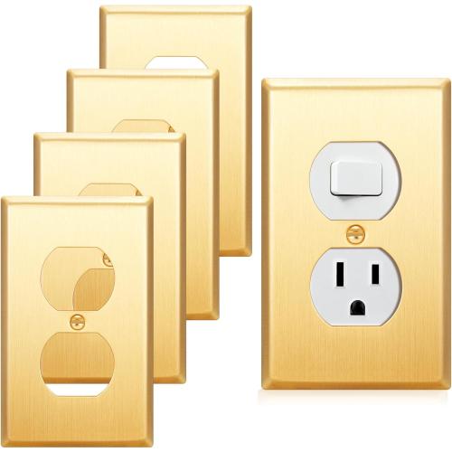 Zonon 4 Pack Gold Outlet Covers 4.50 x 2.76 Duplex Outlet Cover Brass Metal Brushed Decorative Gold Receptacle Wallplate Corrosion Resistant, Standard Size, Brushed Brass