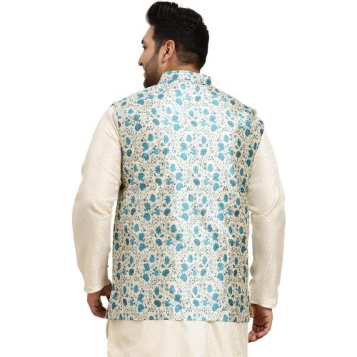 Size 54 color Beige with Blue flowers Sojanya PLUS (Since 1958), Men's Silk Blend Printed Nehru Jacket
