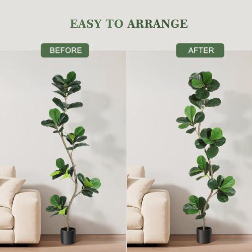 GarveeHome Artificial Fiddle Leaf Fig Tree - 6 ft Fake Plant with Black Nursery Planter, Large Fake Tree for Home or Office Decor - Artificial Plants Indoor Outdoor, Housewarming Gift