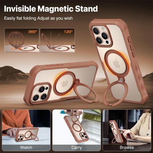 CENHUFO for iPhone 16 Pro Case [Compatible with Magsafe] Full Body Phone Case Built-in 9H Tempered Glass Privacy Screen Protector and 360° Spin Magnetic Stand Ring, Camera Lens Cover - Desert Brown