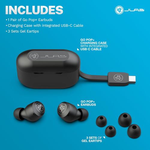 JLab Go Air Pop  True Wireless Earbuds, in Ear Headphones, Bluetooth Earphones, 35H Playtime Ear Buds, Bluetooth Earbuds with Microphone, USB-C Charging Case, Dual Connect, EQ3 Sound, Black