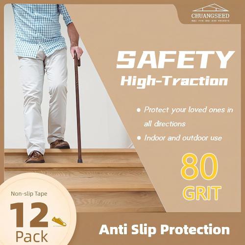 CHUANGSEED 12-Pack Non-Slip Outdoor Stair Treads Grip Tape 12'' x 30'', Heavy Duty Black Grit Anti-Slip,High Traction Adhesive Treads Suitable for Most Slippery Surfaces