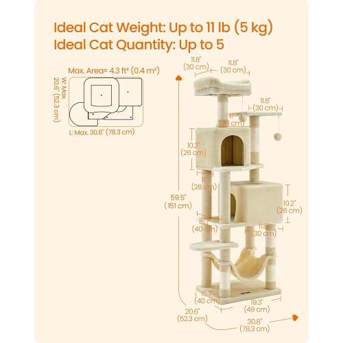 (same brand model different) Feandrea Cat Tree, Cat Tower, Plush Multi-Level Condo with  Scratching Posts, Perches, Caves, Hammock, Pompoms, Beige UPCT192M01