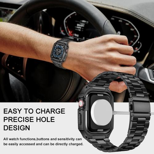 Stainless Steel Watch Band with Case Compatible with Apple Watch Series SE 3 2 1/6 5 4 (40mm) Series 9 8 7 3 2 1 (41mm 38mm), Metal Protective Bumper Cover for iWatch Bands Men (Black)