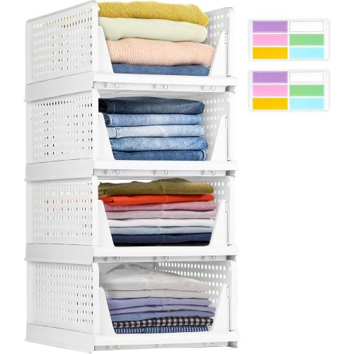 Stackable Plastic Storage Baskets–Set of of 4, Wardrobe & Closet Organizer – Durable Stacking Bins for Clothes, Pantry, or Shelf – Foldable & Space-Saving with 2 Label Sheets-White