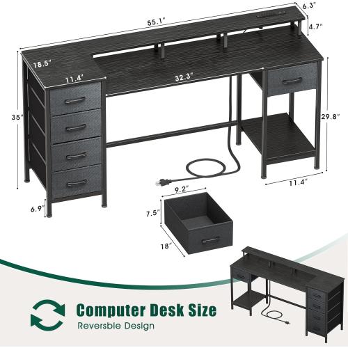 55 Inch Computer Gaming Desk with Power Outlets LED Lights Reversible Home Office with Adjustable Fabric Storage Drawers for Working Writing Study, Black