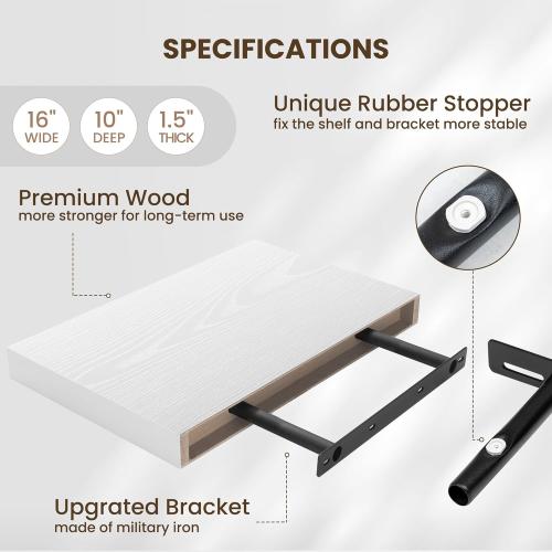 Fun Memories Wood Floating Shelves 16 Inch, 10 Inch Deep Shelves Wall Mount, Wall Shelves with Invisible Bracket, 16 Floating Shelves for Living Room Bathroom Bedroom, White, Set of 2