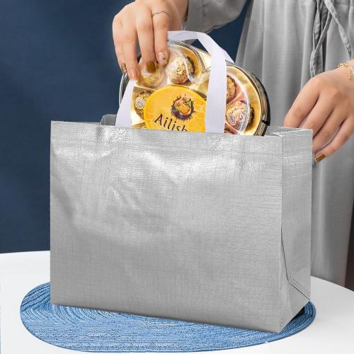 Glossy Silvery White Large Gift Bags with Handle 20-Pack,Reusable Non-woven Party Favor Bags with Sturdy Base for Birthday Wedding Easter,15.75x11.81x4.72 Inches (Silvery white, M)