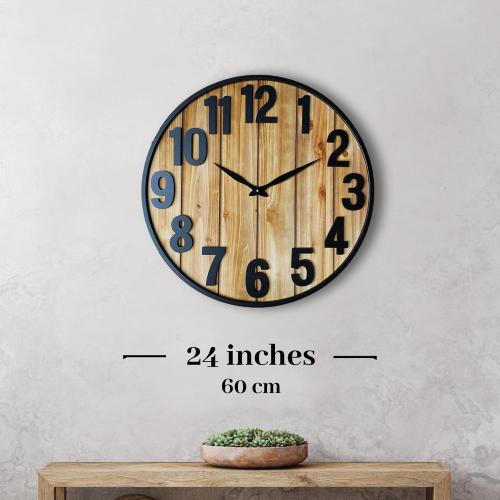 Montoire 24 Inch Wooden Farmhouse Wall Clock Large, Extra Large for Living Room Decor - Big Oversized Rustic Round Decorative Clocks for Walls, Battery Operated