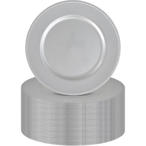 50 Pcs Silver Charger Plates Round Charger Plates13 Inch Bulk Wedding Dinner Elegant Reusable Plastic Chargers Plates Wedding Holiday Party Baby Shower Event Decoration (Silver)