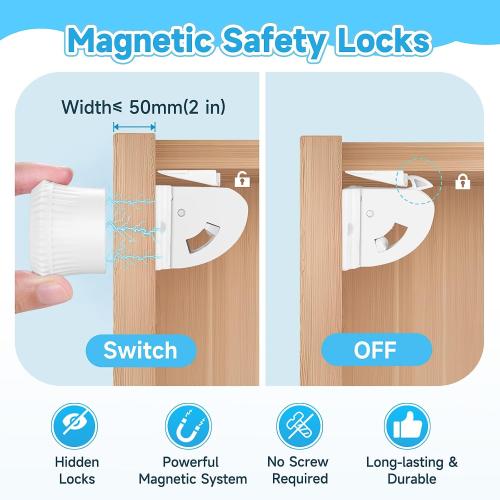 4 Pack Magnetic Cabinet Locks for Child Safety, Drawer Locks Baby Proofing | Magnetic Door Safety Locks for Cabinets and Drawers, Easy Installation No Tools Required (10 Pack and 2 Keys)
