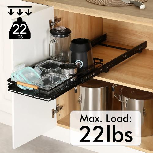 KES Pull Out Cabinet Organizer, 12 Wide Kitchen Bathroom Cabinet Drawer Heavy Duty Under Cabinet Slide Out Organizer Storage Shelves, Wooden Handle with Soft Close Black, KPO501W30D53-BK