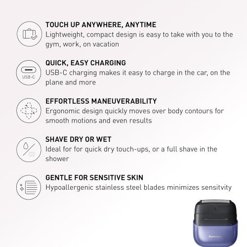 Color Purple Panasonic Swipe Right Travel Shaver for Women, Portable Electric Razor with USB-C Charging, 3-Blade Cutting System for Dry or Wet Use - ES-CM3A-V