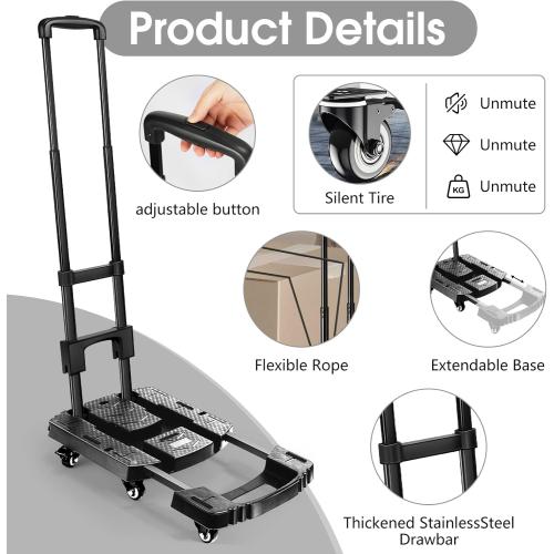 Folding Hand Truck 500lbs, Portable Heavy Duty Dolly Cart, 6 Wheels Collapsible Luggage Cart with 2 Elastic Ropes - Compact Trolley Cart for Easy Moving - Ideal Hand Cart for Travel and More