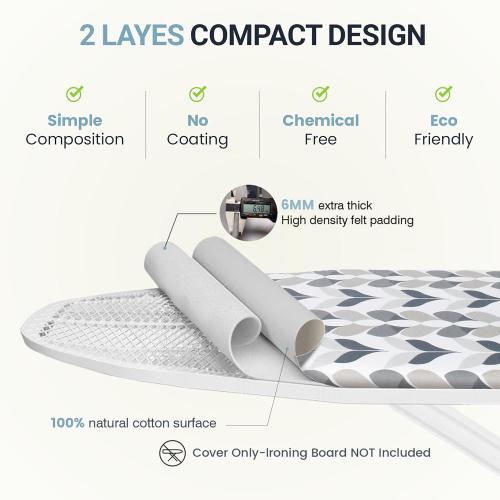 UniSimp Ironing Board Cover and Pad 12.5x30 Extra Thick Natural Cotton, Scorch and Stain Resistant Padding, Standard Size Iron Board Cover with Fasteners Heavy Duty Elastic Edge, Heatproof Foliage
