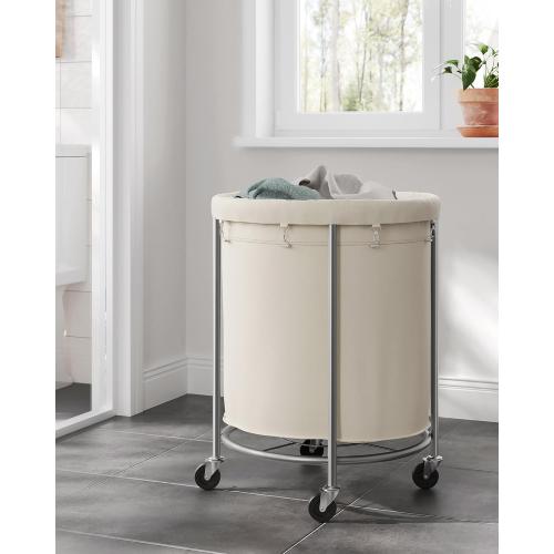 SONGMICS Laundry Basket with Wheels, Rolling Laundry Hamper, 45 Gal., Round Laundry Cart with Steel Frame and Removable Bag, 4 Casters and 2 Brakes, Cream and Silver URLS01MZ