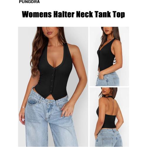 Size large Womens Button Down Tank Top for Women Ribbed Button Up Halter Fitted Vest Summer Sexy Trendy Cute Crop Going Out Tops