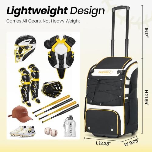 Fanwoli Leather Rolling Baseball Bag - Youth Softball Bag with Wheels for Boys Girls - Rain Cover & Mud Guard for Clean Car - Premium 4-Bat Tournament Roller - Large Equipment Organizer