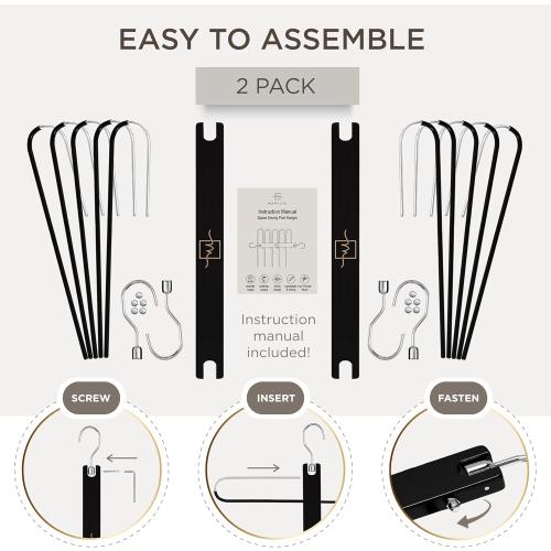 MORALVE Pants Hangers Space Saving - 2 Pack European Beechwood Scarf and Jean Hangers - Closet Organizer and Space Saver Pant Rack, Leggings Hanger, and Scarf Holder with 360° Swivel Hook